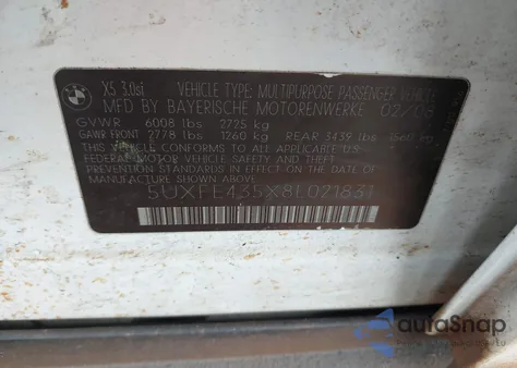 2008 BMW X5 3.0Si z USA, uszkodzony, nr VIN 5UXFE435X8L021831